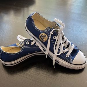 New Converse All Star shoes - blue w/ gold KC logo and gold crown on tongue.
